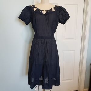 1950's Vintage Navy Blue Embroidered Dress, M